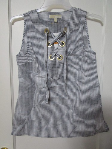 Camicia in lino a righe da donna Michael Kors nuova con etichette blu e bianco taglia small al dettaglio $110