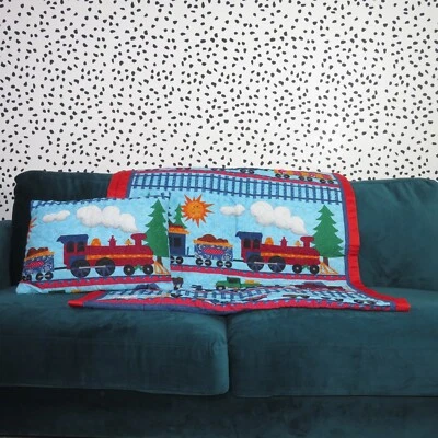 Handmade Kids Blue Train Theme Locomotive Quilted Blanket and Pillow Set Nursery - Image 1 of 4
