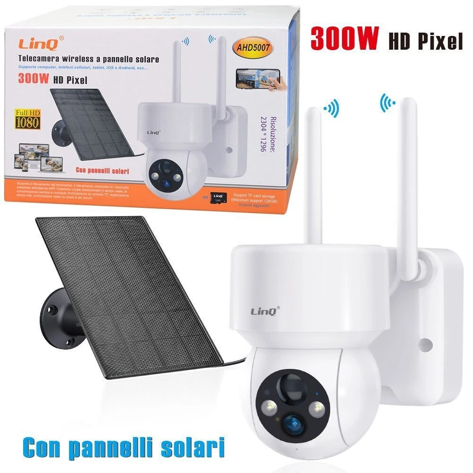 x Telecamera Wireless A Batteria Ricarica Solare 300W Hd Pixel Ahd5007 linq - Immagine 1 di 1