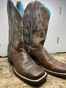 Ariat 10008017 Tombstone Brown & Turquoise Boots Square Toe Women's Size 7.5 B
