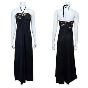 Vintage 70s Black Gold Metallic Tie Halter Neck Disco Wide Aline Maxi Dress - Picture 1 of 12