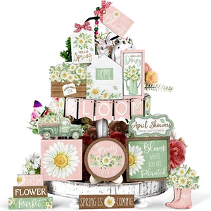 20 Pcs Spring Tiered Tray Decor Set Farmhouse Daisy Flower Wooden Sign Rustic Da - Picture 1 of 12
