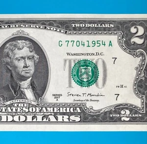 TRAILING YEAR 1954 (G 7704 1954 A) $2 Two Dollar Bill Serial Number 2017A *UNC* - Picture 1 of 4