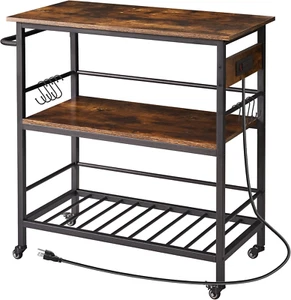 Kitchen Island with 3 Shelves, Island Table for Kitchen with Power Outlet,Kitche - Picture 1 of 7