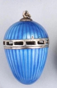 Antique Victorian Sterling Silver Blue Guilloche Enamel Vinaigrette Egg Pendant - Picture 1 of 8