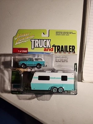 JOHNNY LIGHTNING TRUCK AND TRAILER 1970 CHEVY BLAZER w/ CAMPER TRAILER Med Green - Image 1 of 4