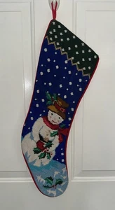Vtg Snowman Gloves Hat Blue Red & Green Needlepoint Christmas Stocking 24” EUC - Picture 1 of 10