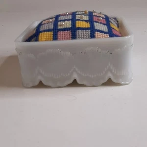 Vintage Milk Glass Pin Cushion Square Trinket Box Jewelry No Lid - Picture 1 of 11