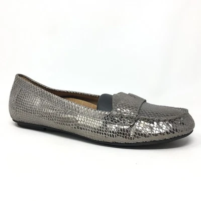 Vionic Larrun Mocasines Zapatos Planos Mujer Talla 9 Cuero Plateado Estampado Serpiente Ortho Foto 1 de 4