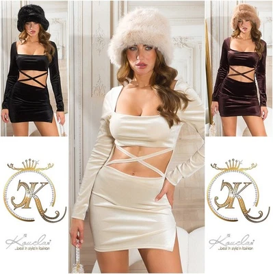 Sexy Mini Vestido Marrón Satinado Manga Larga con Correas Cruzadas Abiertas Fiesta Ropa de Club Foto 1 de 2