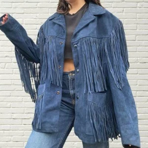 Women Blue Suede Leather Jacket With Fringes - American Native Western Style - Picture 1 of 6