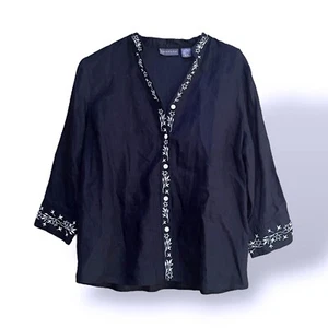 Blusa Top Relativity Lino Bordada Popover Boho Hippie Negra Talla M - Imagen 1 de 6