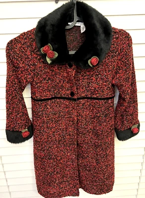 Abrigo de vacaciones Blueberi Boulevard tweed cuello de piel sintética puño rosas 3D talla 6 11b Foto 1 de 4