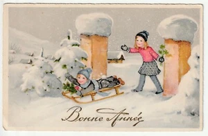 Carte FANTAISIE - Old Postcard - Enfants - Bonne Année - Hiver Neige LUGE - Imagen 1 de 1