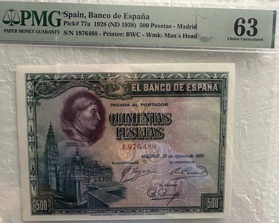 1928 Spain Banco de Espana 500 Pesetas Pick#77a PMG 63 Choice UNC - Image 1 of 2