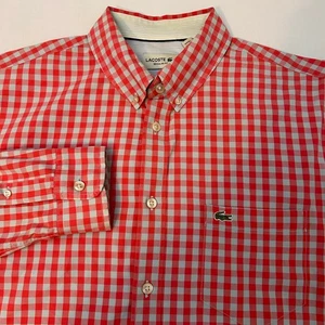 Lacoste Men's Large Pink Gray Gingham Check Button Down Shirt Regular Fit Casual - Picture 1 of 7