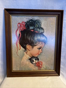 MEDEIROS Vintage Zuckerbrötchen Kätzchen großäugiges MÄDCHEN Litho 70er Jahre Rahmen TOP - Bild 1 von 11