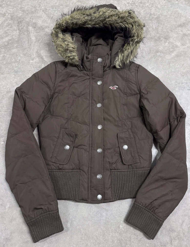 Vintage Y2K Hollister Down Puffer Jacket Womens Med Faux Fur Hooded Crop Brown - Image 1 of 4