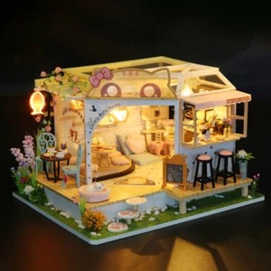 Cat Cafe Garden 1:24 Scale DIY Dollhouse Miniature Wooden Dolls House Kit + LED - Picture 1 of 12