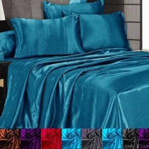 3 Pc Satin Silky Sheet Set Queen/King Size Fitted Pillow Cases 500TC (10 Colors) - Picture 1 of 10