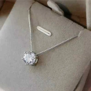 2CT Round Cut Real Moissanite Solitaire Pendant 14K White Gold Plated Silver - Picture 1 of 2