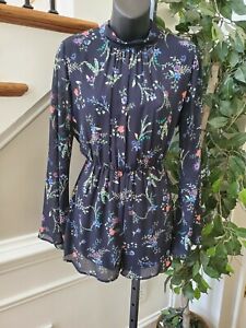 Lush Women Blue Floral 100%Polyester Long Sleeve Mock Neck Casual Romper S