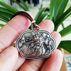Pure S999 Fine Silver 999 Men Women Bless Dragon Lock Pendant 13-14g - Picture 1 of 5