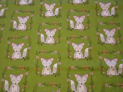 1 Fat Quarter Cotton Fabric Michael Miller Curiosity Floral & Foxes on Green - Image 1 of 2