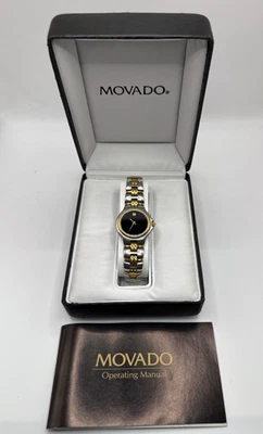 RELOJ SUIZO DE CUARZO MOVADO 2 TONOS ACERO INOXIDABLE ESFERA NEGRA 81.A1.827.2 para dama Foto 1 de 4