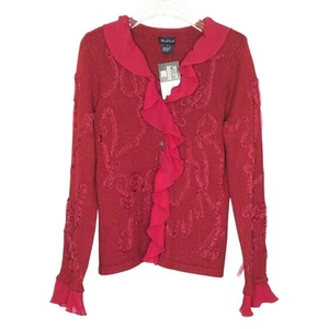 Vintage Y2K Red Long Sleeve Button Up Cardigan Ruffle Trim V-Neck Size S - Picture 1 of 7