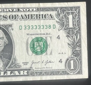 (¡¡CASI SÓLIDO!!) $1 binario casi sólido 7 en fila elegante número de serie D33333338D - Imagen 1 de 3