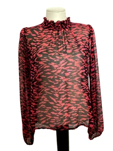 ALLISON JOY Black/Red Print Mock Neck Long Sleeve Chiffon Blouse  Sz. XS - Picture 1 of 6