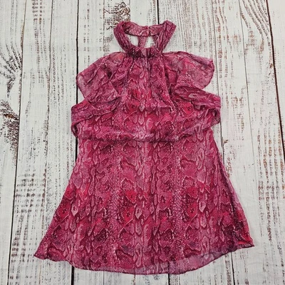 Blusa BCBG Max Azria Rosa Caliente Estampado de Serpiente Volantes Halter Seda Y2K Barbiecore XS Foto 1 de 4