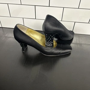 BRUNO MAGLI ITALY Size 10 AA Narrow Women's Black Satin Bejeweled 3” Heels Pumps - Picture 1 of 11