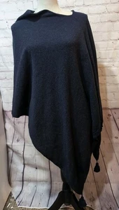 Poncho Asymmetrical Boat Neck Cashmere Wool Blend Knit Italy Navy Blue Tassels - Picture 1 of 9