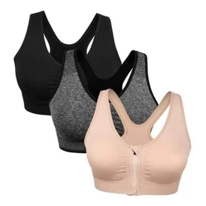 Women's Zip Front Sports Bra Wireless Post Large 3 Pack(black+grey+flesh) - Picture 1 of 7