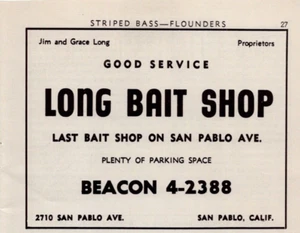 Long Bait Shop San Pablo  , Van's Bait Shop Benicia ,California  Print Ad c1951 - Picture 1 of 3