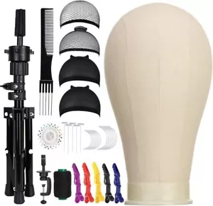 23 Inch Canvas Block Wig Head, Wig Stand Tripod with Head, Mannequin Head Wigs - Picture 1 of 7