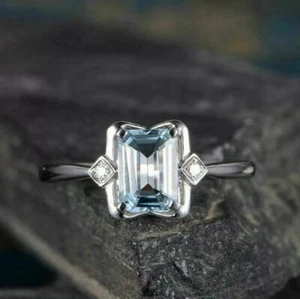 Emerald Cut Aquamarine & Diamond Wedding Ring Three Stone 14K White Gold Finish - Picture 1 of 5