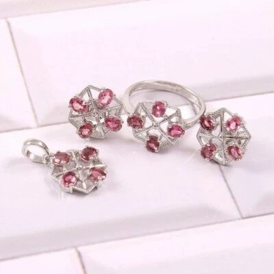 Set Di Orecchini, Anello E Pendente In Rubino In Argento Sterling 925 Per Donna - Immagine 1 di 4