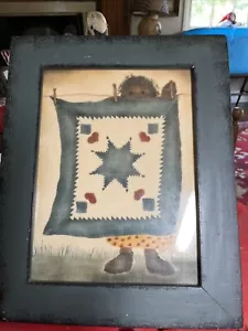 Primitive Folk Art Print Of Black Girl Hanging Up Quilt,blues And Red, Blue Fram - Picture 1 of 7
