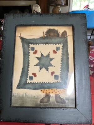 Primitive Folk Art Print Of Black Girl Hanging Up Quilt,blues And Red, Blue Fram - Image 1 of 4