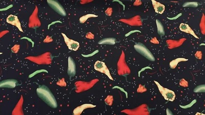 LORLLYN SIMMS New 100% Cotton Fabric Colourful Chilli Peppers on Black Design # ALS-5144