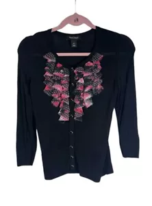 Cardigan piccolo White House Black Market bottoni a pressione nero con volant a pois - Foto 1 di 6