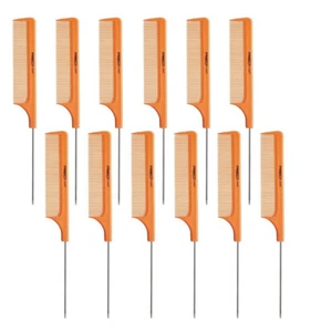 Rat Tail Comb (12 Pcs) 8" Brown Stainless Steel Pin Tail Comb Fine-tooth Hair - Picture 1 of 4