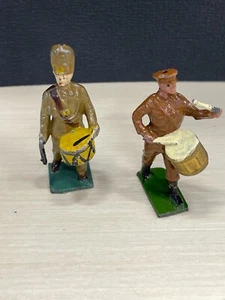 2 Misc Vintage Grey Iron Marching Band Soldier Figure Metal Lead/Tin. Johillco - Picture 1 of 3