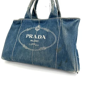 PRADA Canapa Denim Blue Purse Tote Bag Hand Bag From Japan Auth - Picture 1 of 24