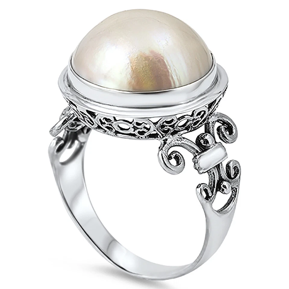 925 Silver Bali Cream Color Freshwater Cultured Mabe Pearl Cocktail Ring 17mm - Image 1 of 2