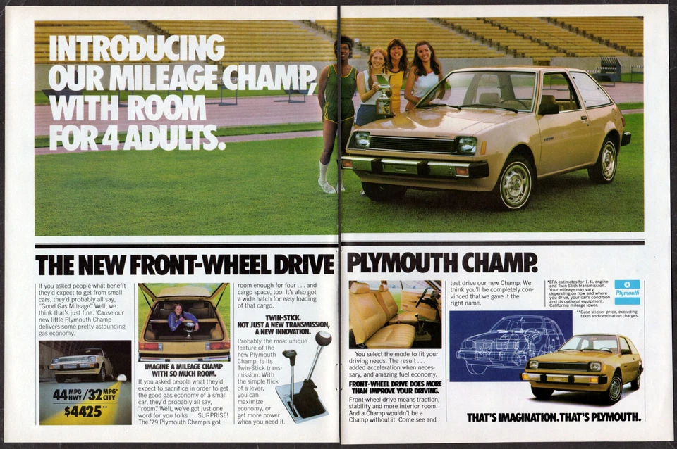 PLYMOUTH Champ 1979 vintage original 2 páginas impresión anuncio | foto hatchback amarillo Foto 1 de 1