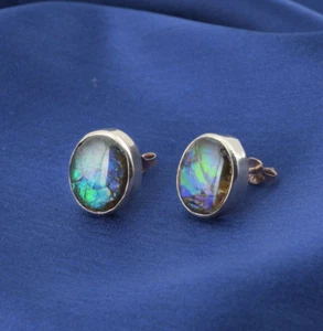 Natural Ammolite Gemstone Oval Stud Earrings Sterling Silver Gold Plated Jewelry - Picture 1 of 4